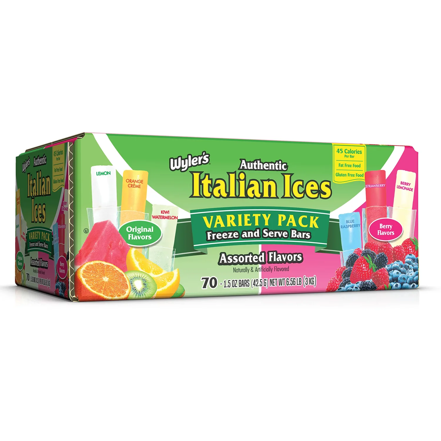 Wyler's Italian Ices, Original And Berries & Cherries Variety Pack, 1.5 Oz Freezer Bars, 70 Count