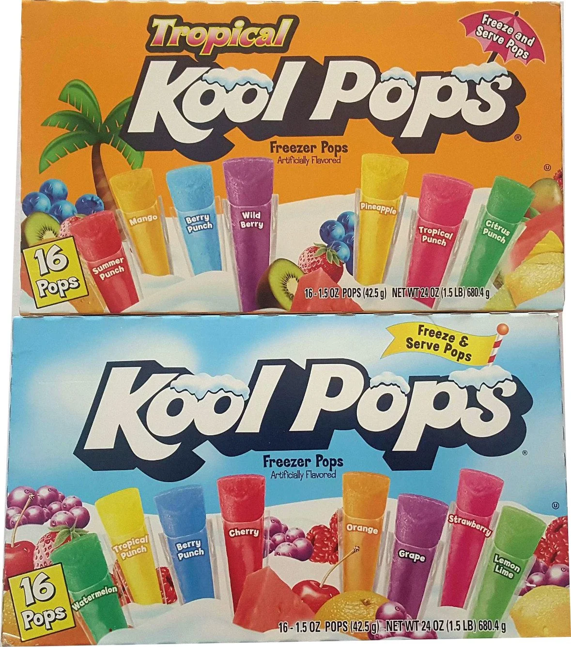 Kool Pops Freezer Pops Bundle - 2 Items: 2 Boxes of 16 Pops - Original and Tropical Flavors