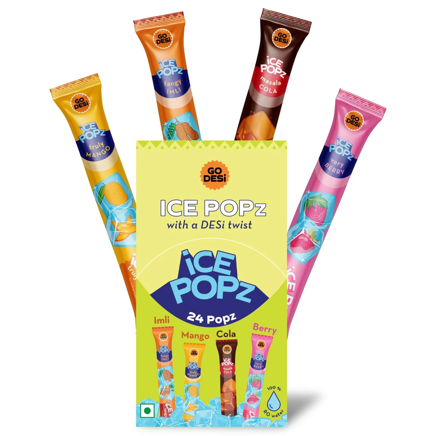 GO DESi ICE Popz, Pack of 24 x 1.18 Fl Oz, 4 Assorted Flavours, Fruit Ice Popsicles, Ice Pops, Freezer bars, Masala Cola, Mango, Very Berry, Tangy Imli Flavors