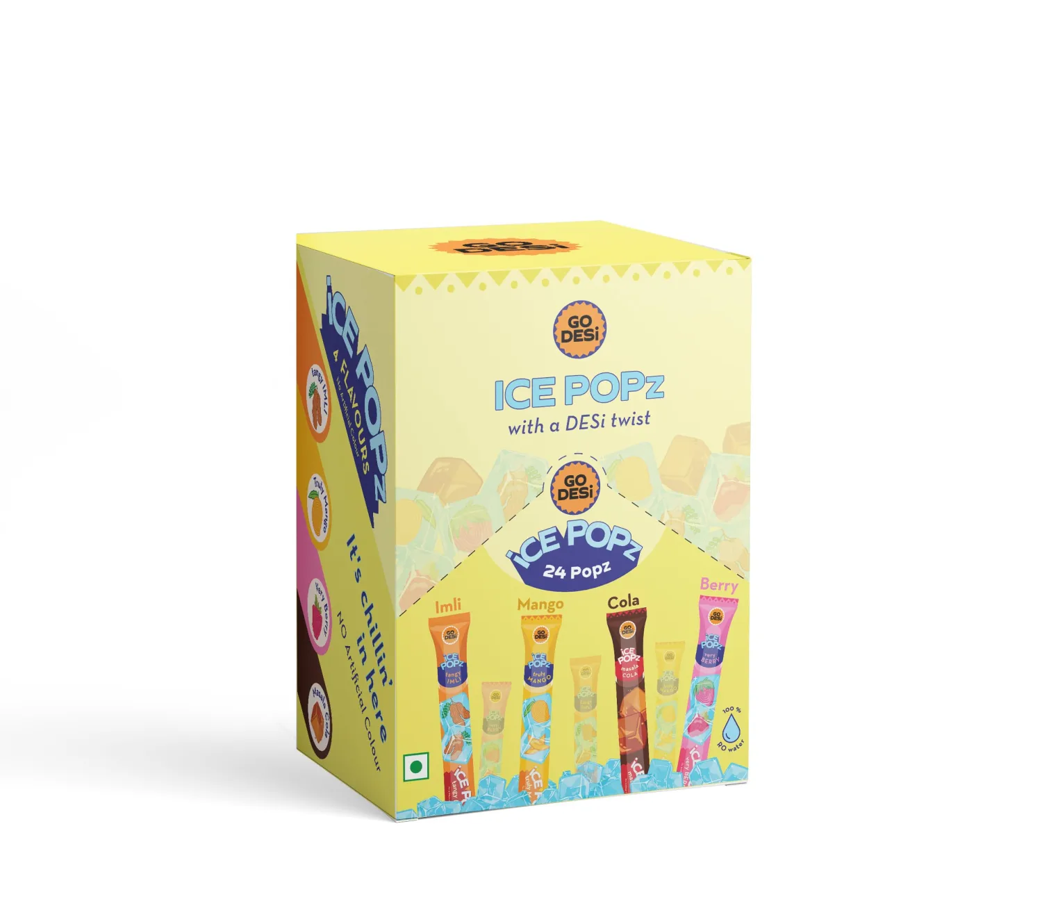 GO DESi ICE Popz, Pack of 24 x 1.18 Fl Oz, 4 Assorted Flavours, Fruit Ice Popsicles, Ice Pops, Freezer bars, Masala Cola, Mango, Very Berry, Tangy Imli Flavors