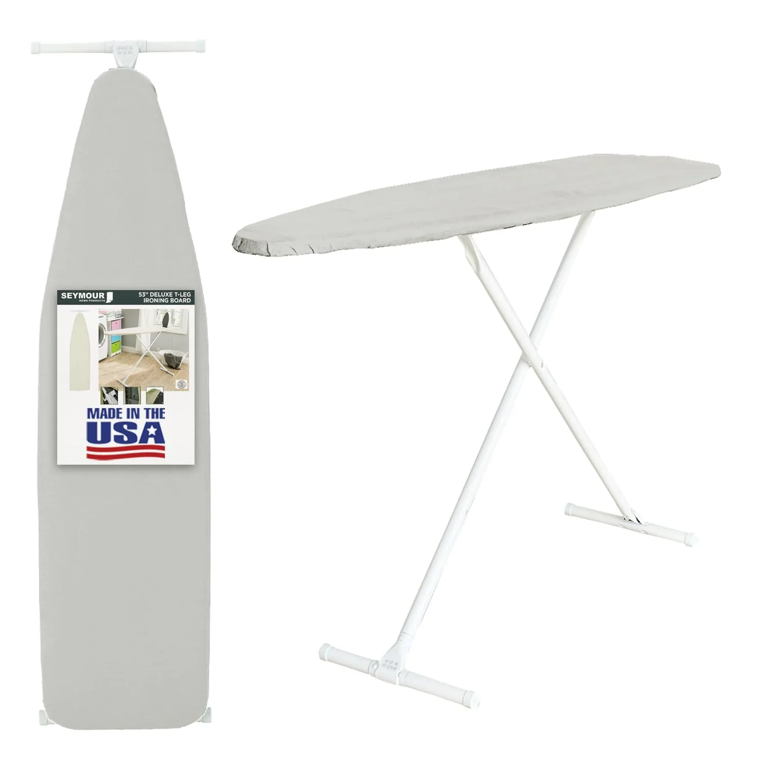 Ironing Board Full Size; Made in USA by Seymour Home Products (Space Grey) Bundle Includes Cotton Cover + Pad | Iron Board w/Steel T-Legs Adjustable Tabletop up to 35" High; Perforated Top Steam Flow