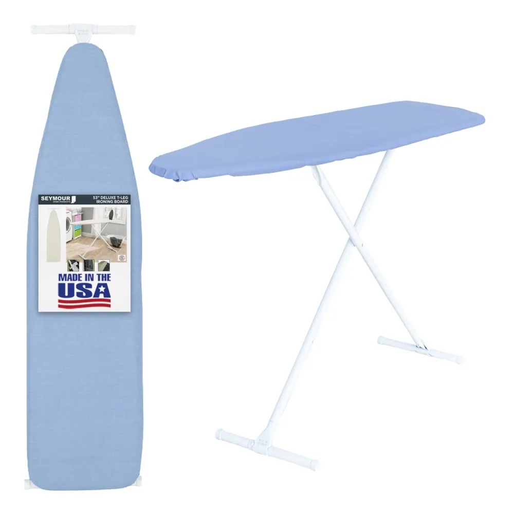 Ironing Board Full Size; Made in USA by Seymour Home Products (Light Blue) Bundle Includes Cover, Pad, and Silicone Iron Rest | Iron Board w/Steel T-Legs Adjustable from Tabletop up to 35" High