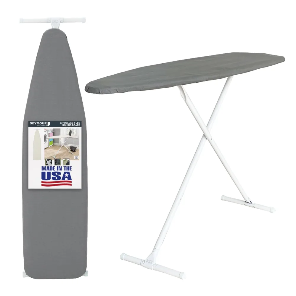 Ironing Board Full Size; Made in USA by Seymour Home Products (Solid Grey) Bundle Includes Cover + Pad | Iron Board w/Steel T-Legs Adjustable Tabletop up to 35" High; Perforated Top for Steam Flow