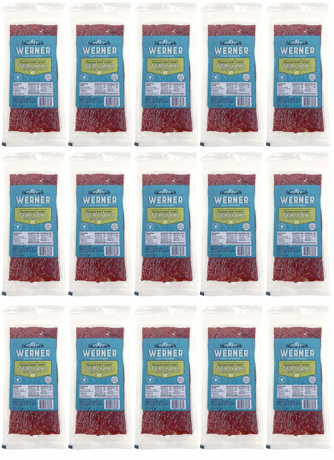Werner Beef Jerky Slab Pack of 15-1 Ounce, Individually Wrapped Meat Snacks (Teriyaki)