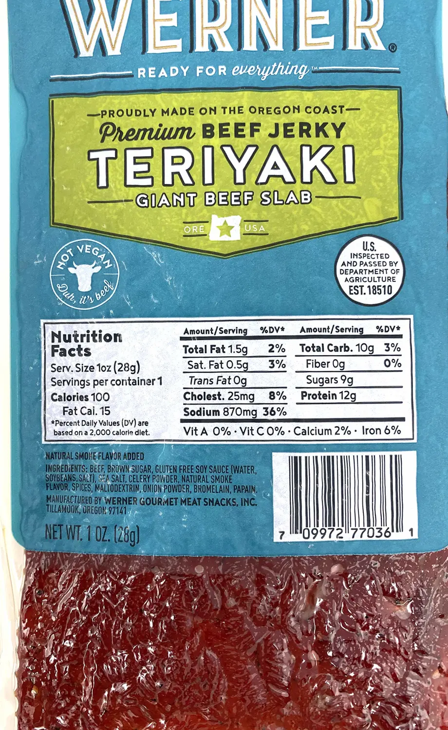 Werner Beef Jerky Slab Pack of 15-1 Ounce, Individually Wrapped Meat Snacks (Teriyaki)