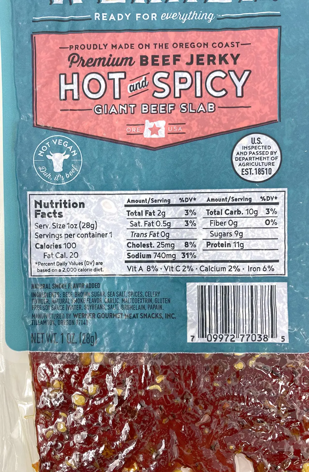 Werner Beef Jerky Slab Pack of 15-1 Ounce, Individually Wrapped Meat Snacks (Hot & Spicy)