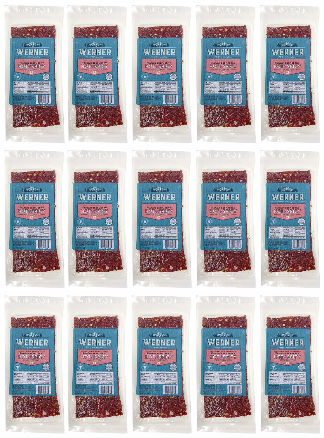 Werner Beef Jerky Slab Pack of 15-1 Ounce, Individually Wrapped Meat Snacks (Hot & Spicy)