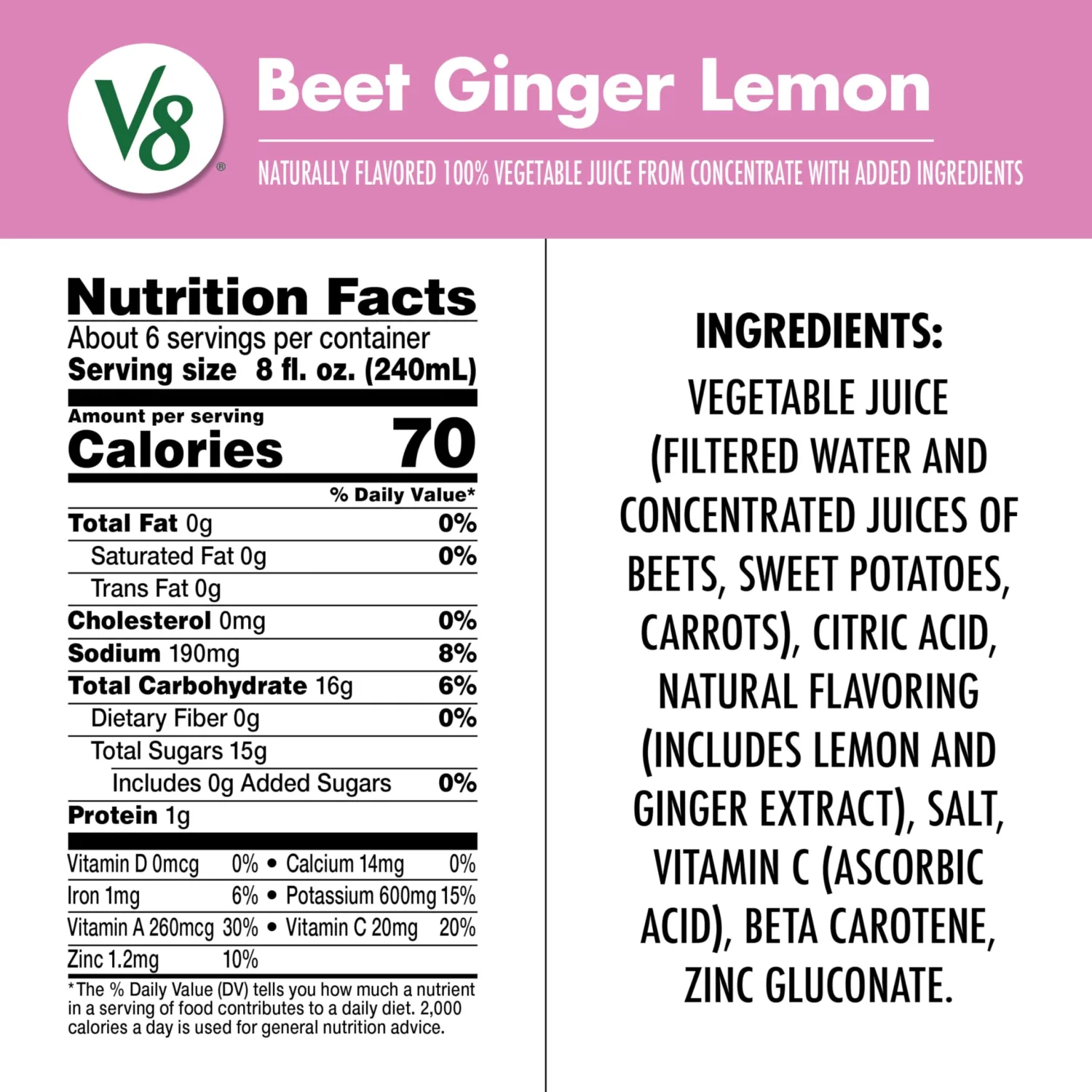 V8 Beet Ginger Lemon 100% Vegetable Juice, 46 fl oz Bottle