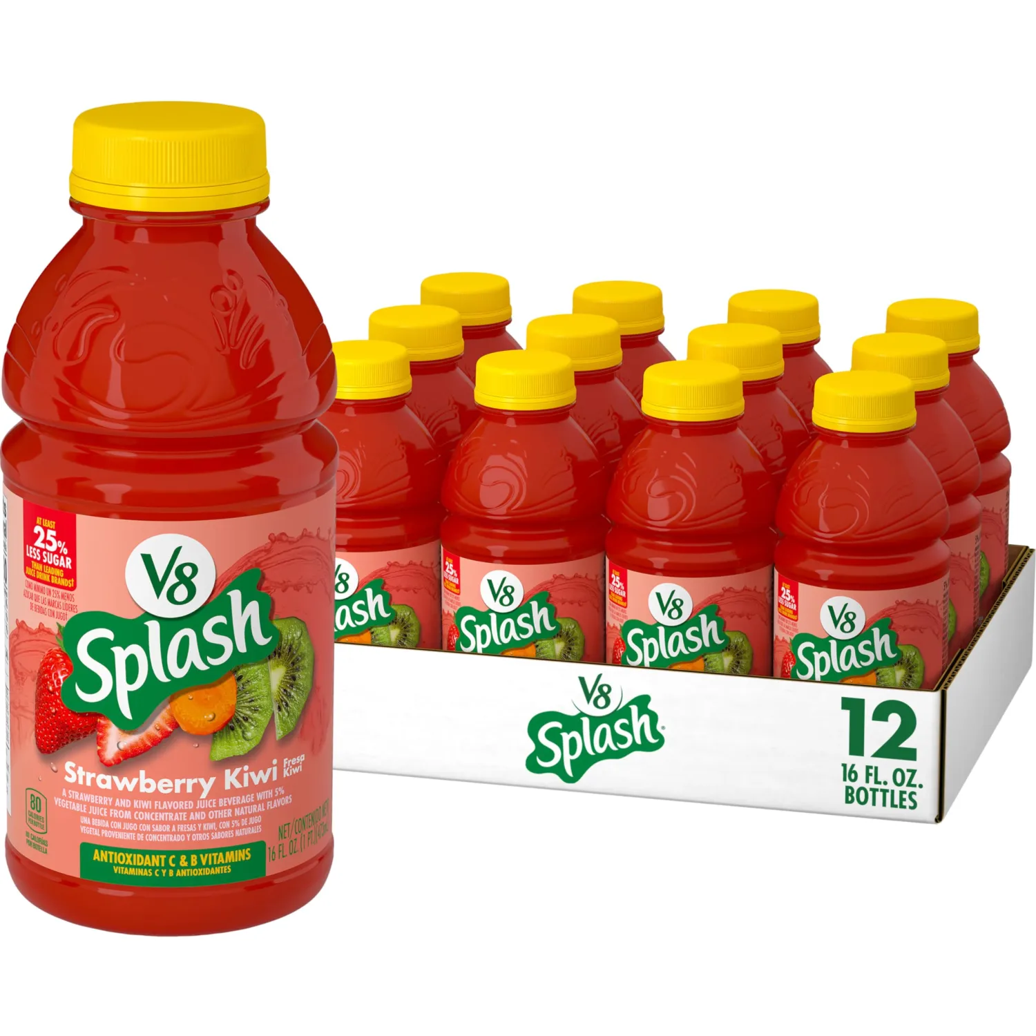 V8 Splash Strawberry Kiwi Flavored Juice Beverage, 16 fl oz Bottle (12 Pack)