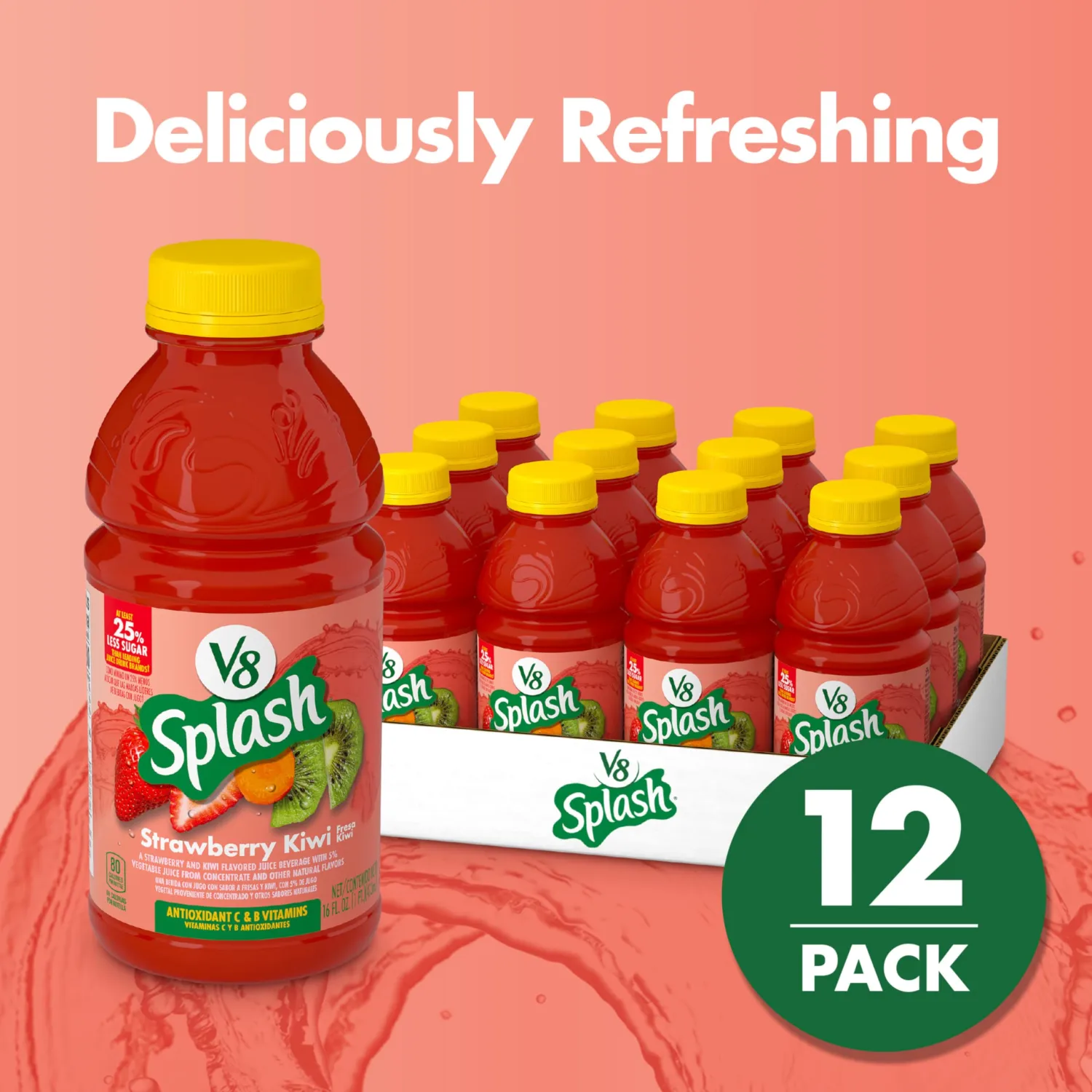 V8 Splash Strawberry Kiwi Flavored Juice Beverage, 16 fl oz Bottle (12 Pack)