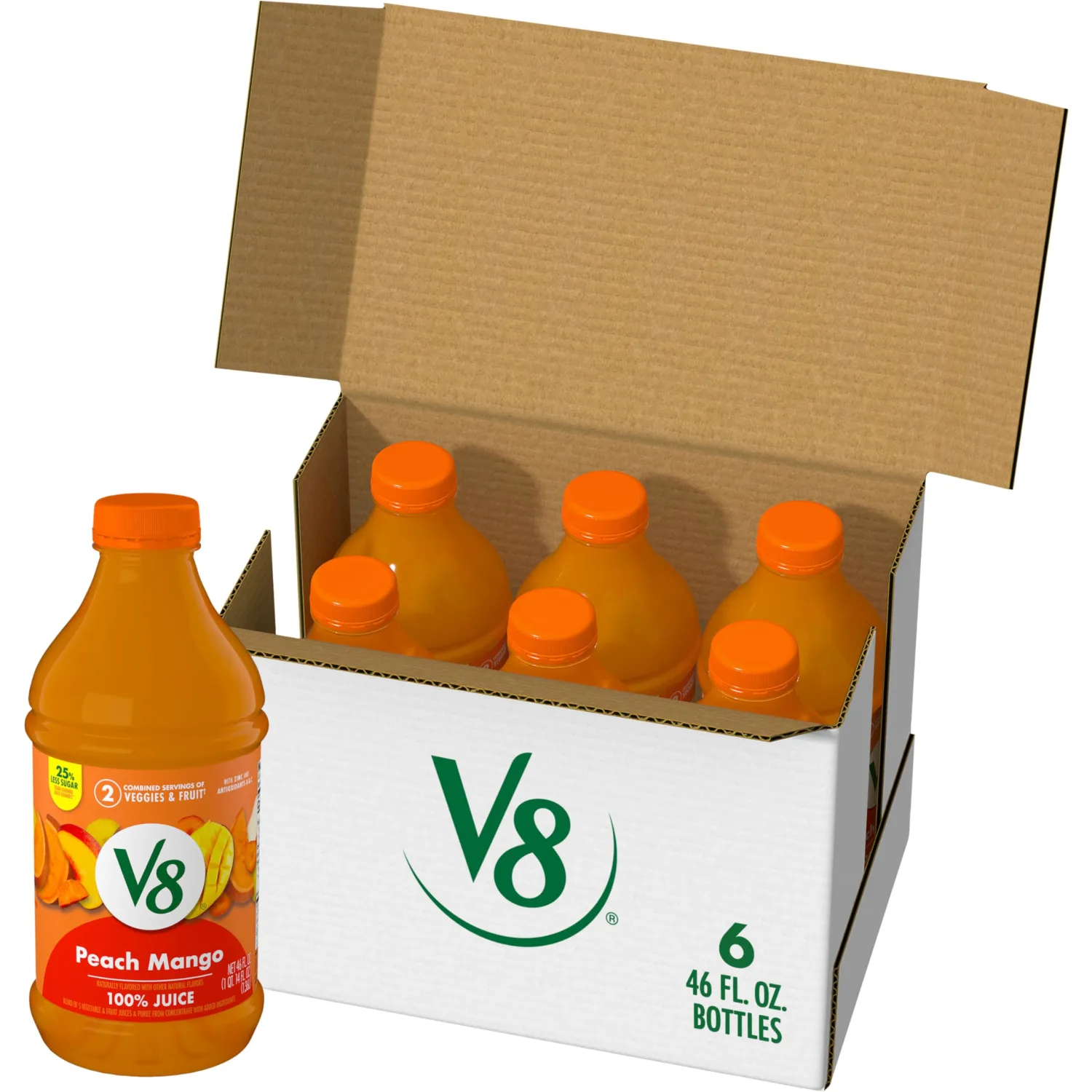 V8 Peach Mango 100% Fruit and Vegetable Juice, 46 fl oz Bottle (6 Pack)
