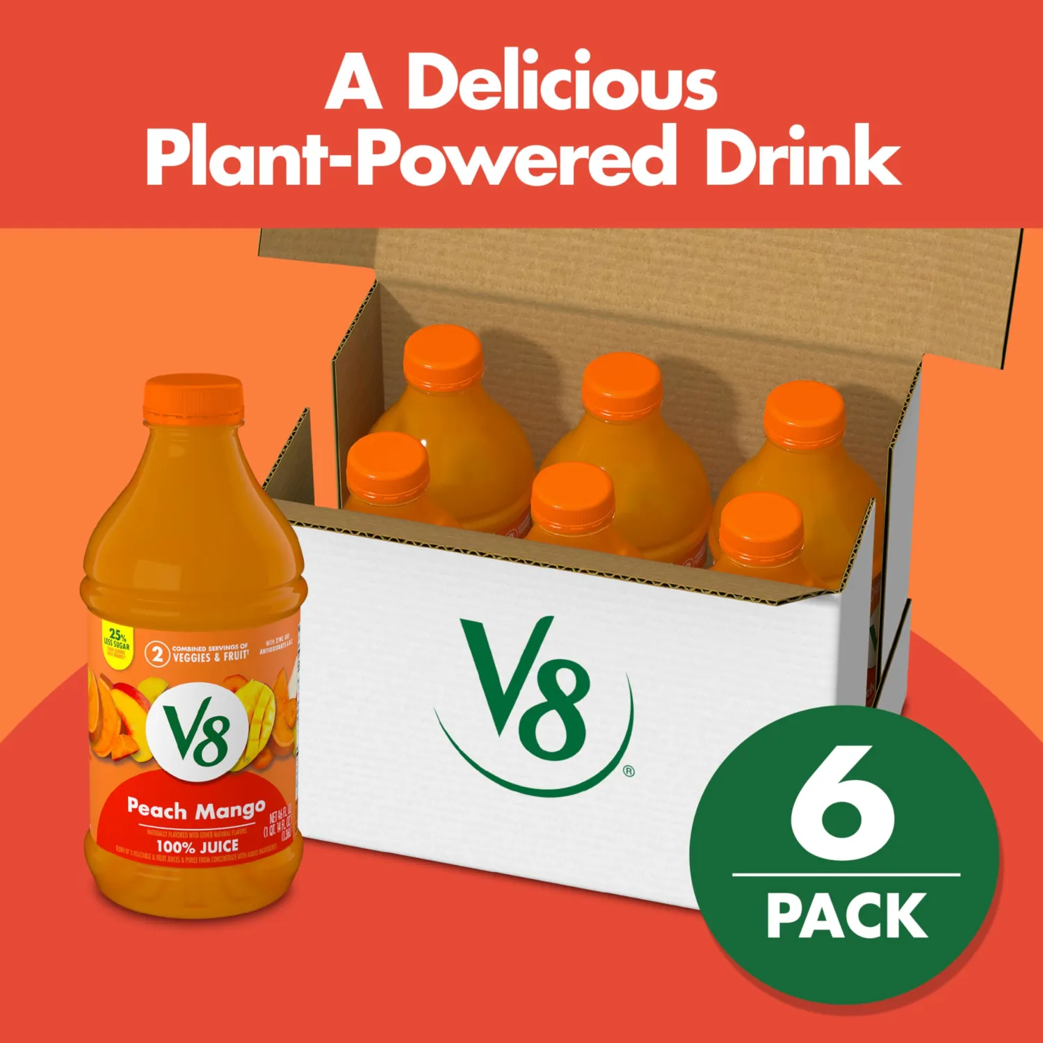 V8 Peach Mango 100% Fruit and Vegetable Juice, 46 fl oz Bottle (6 Pack)