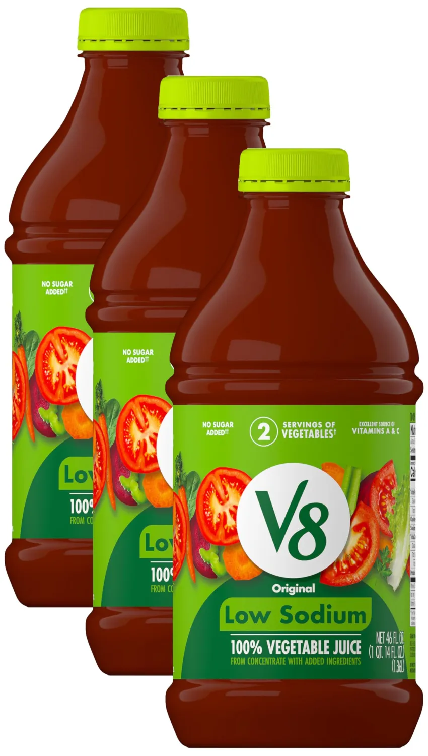 V8 Low Sodium Original 100% Vegetable Juice, 46 fl oz Bottle (Pack of 3)