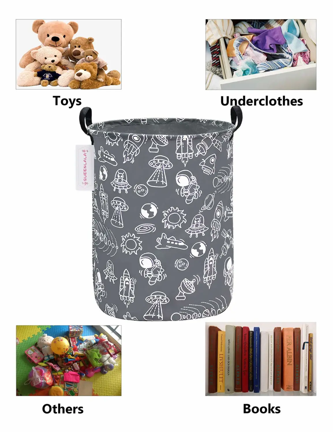 QUEENLALA Large Storage Basket,Laundry Hamper/Bathroom/Home Decor/Collapsible Round Storage Bin,Boys and Girls Hamper/Boxes/Clothing(Round-Grey space exploration)