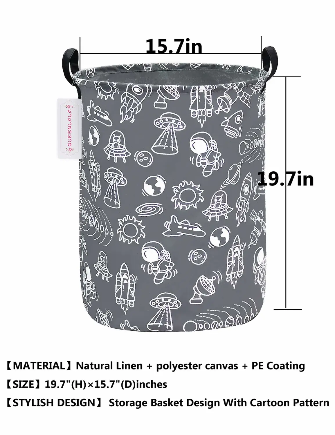 QUEENLALA Large Storage Basket,Laundry Hamper/Bathroom/Home Decor/Collapsible Round Storage Bin,Boys and Girls Hamper/Boxes/Clothing(Round-Grey space exploration)