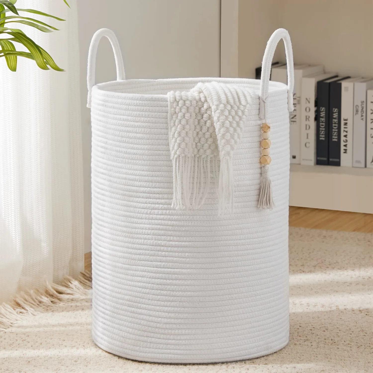 Cotton Rope Laundry Hamper Basket, 58L Tall Woven Collapsible Baskets for Blanket Organizing Clothes Hamper for Laundry Room Storage