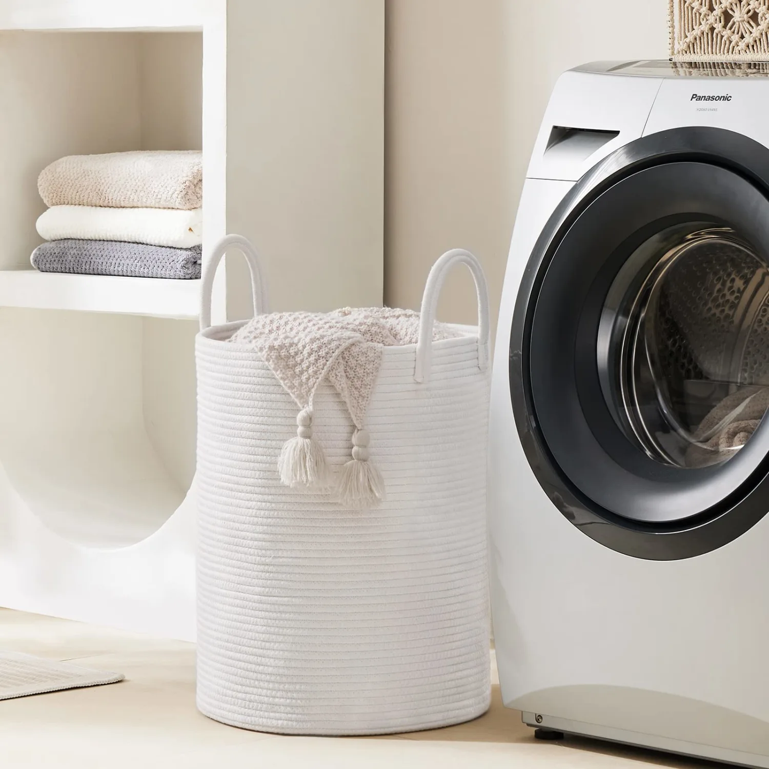 Cotton Rope Laundry Hamper Basket, 58L Tall Woven Collapsible Baskets for Blanket Organizing Clothes Hamper for Laundry Room Storage