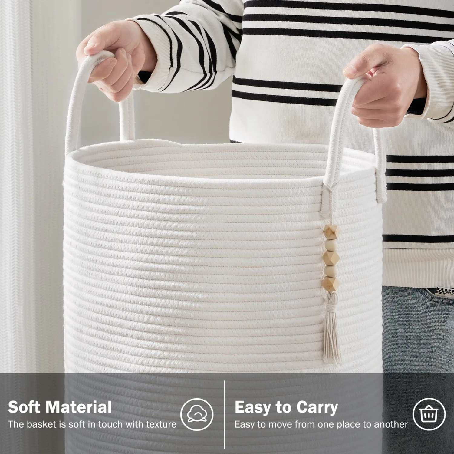 Cotton Rope Laundry Hamper Basket, 58L Tall Woven Collapsible Baskets for Blanket Organizing Clothes Hamper for Laundry Room Storage
