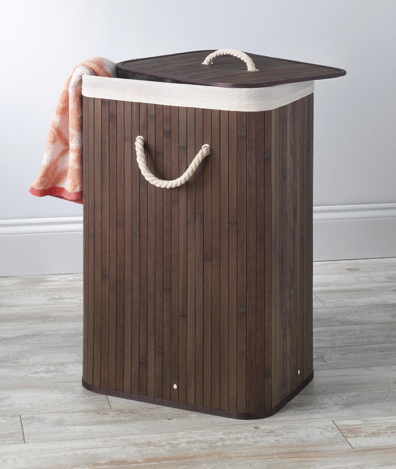 Whitmor Laundry Hamper with Rope Handles Bamboo, 12.25x16.25x23.375, Dark Stain