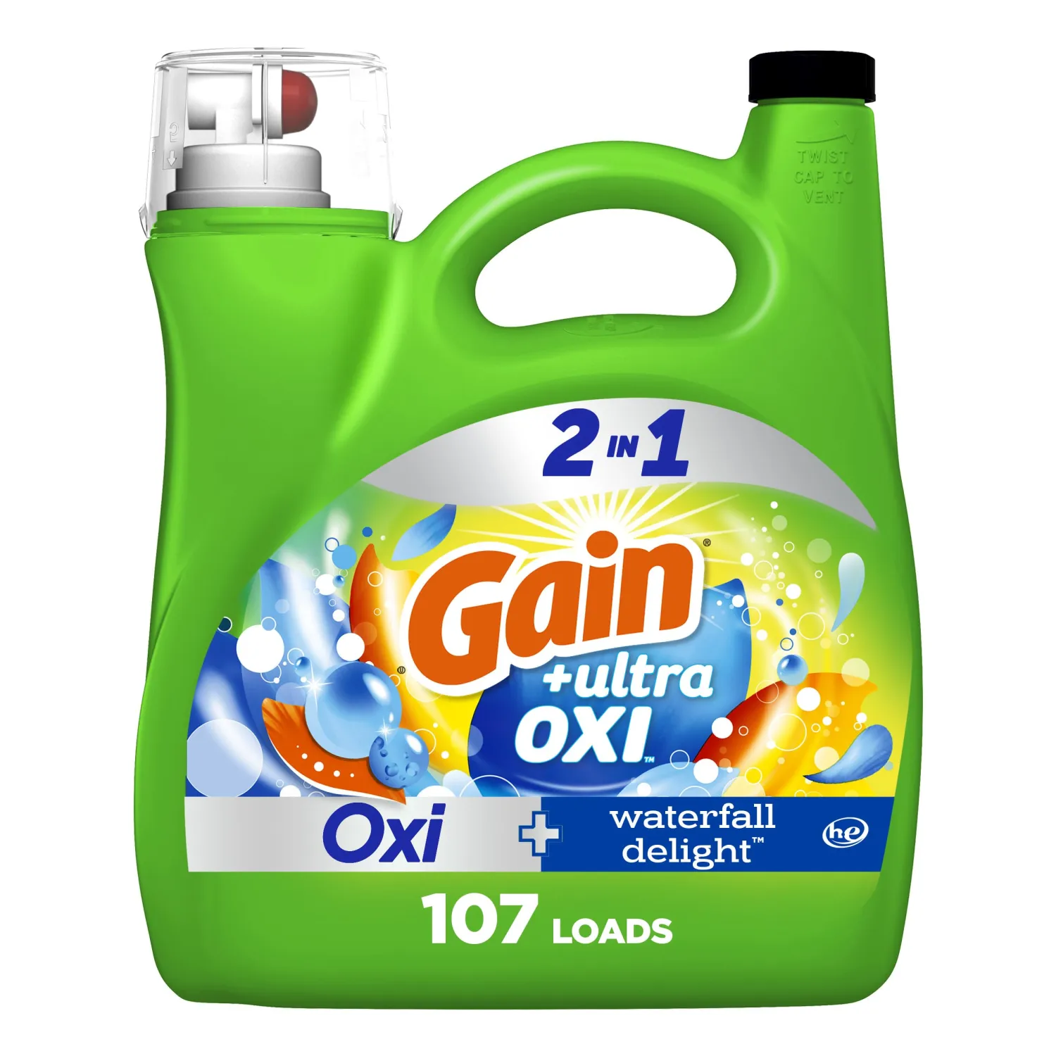 Gain Ultra Oxi Liquid Laundry Detergent, 107 loads, 154 fl oz, Waterfall Delight Scent, 2-in-1, HE Compatible