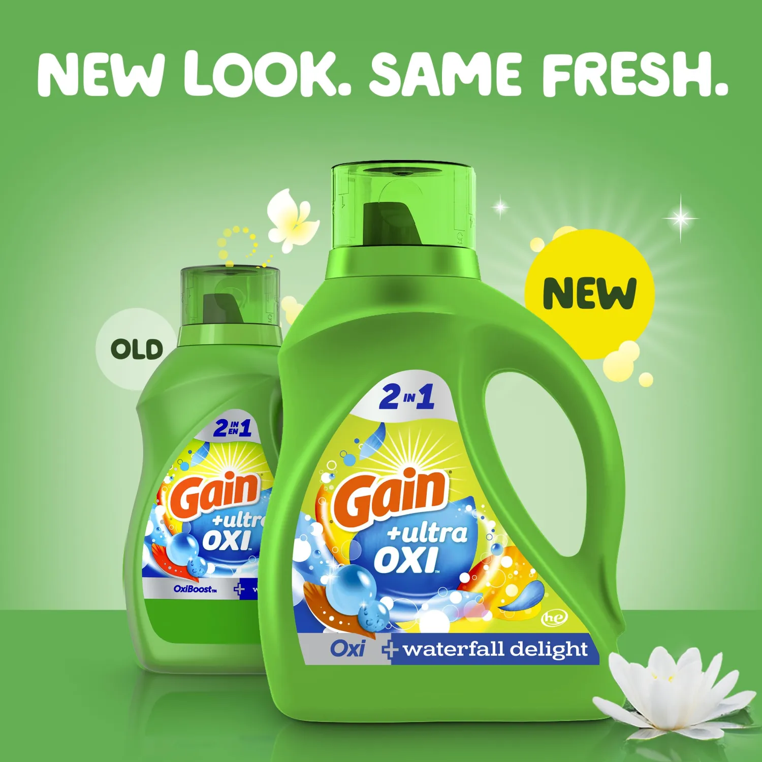 Gain Ultra Oxi Liquid Laundry Detergent, 107 loads, 154 fl oz, Waterfall Delight Scent, 2-in-1, HE Compatible