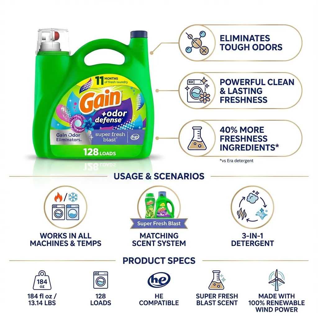 Gain + Odor Defense Liquid Laundry Detergent, HE Compatible, Super Fresh Blast Scent, 184 fl oz, 128 Loads