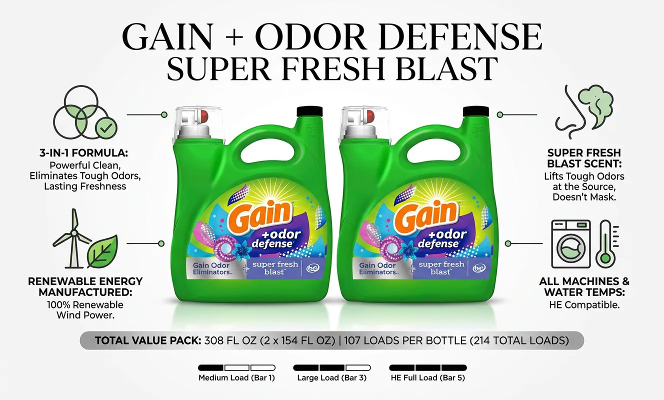 Gain + Odor Defense Liquid Laundry Detergent Super Fresh Blast Scent 154 fl oz 107 Loads HE Compatible (Pack of 2)