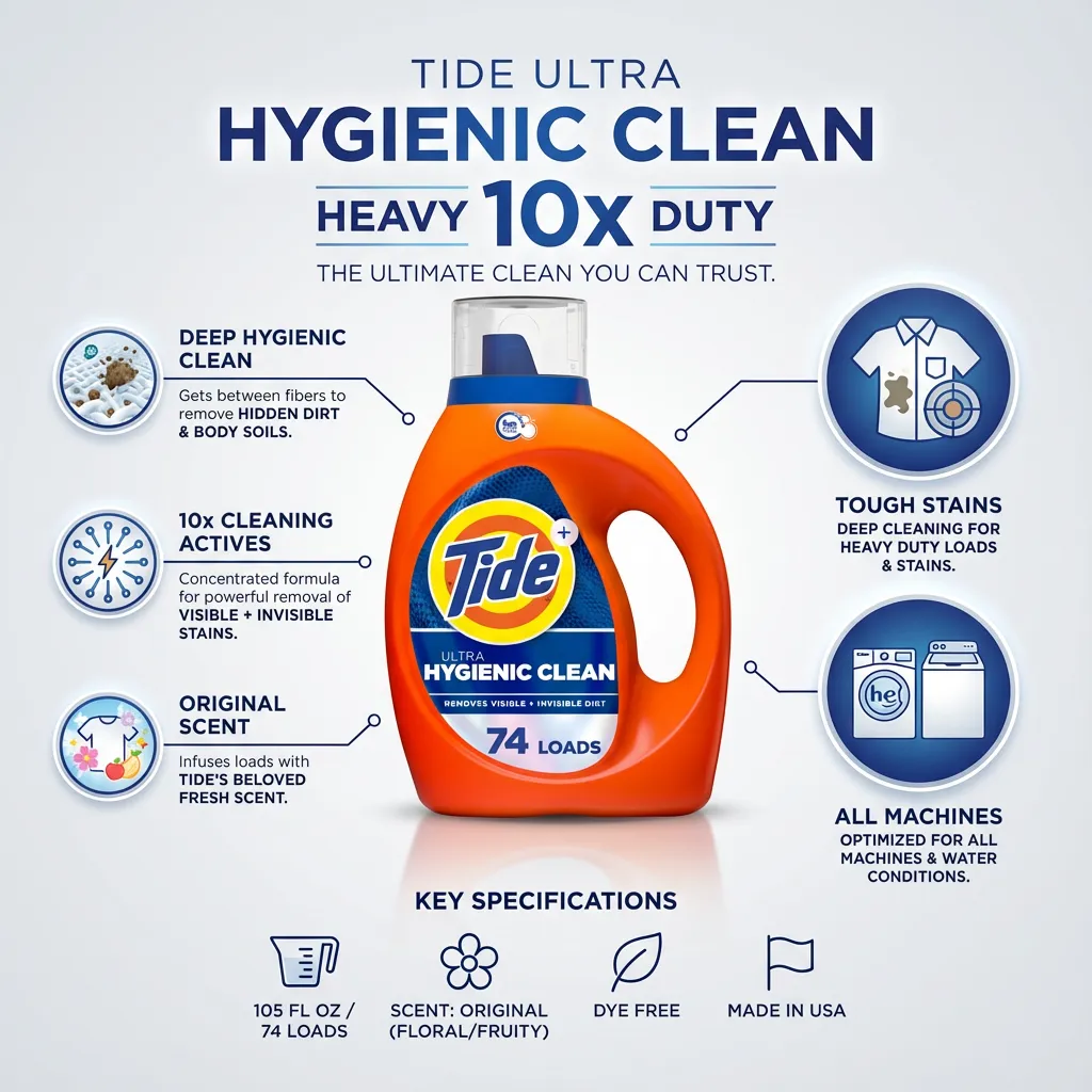 Tide Hygienic Clean Heavy 10x Duty Liquid Laundry Detergent, HE Compatible, Original Scent, 105 fl oz, 74 loads