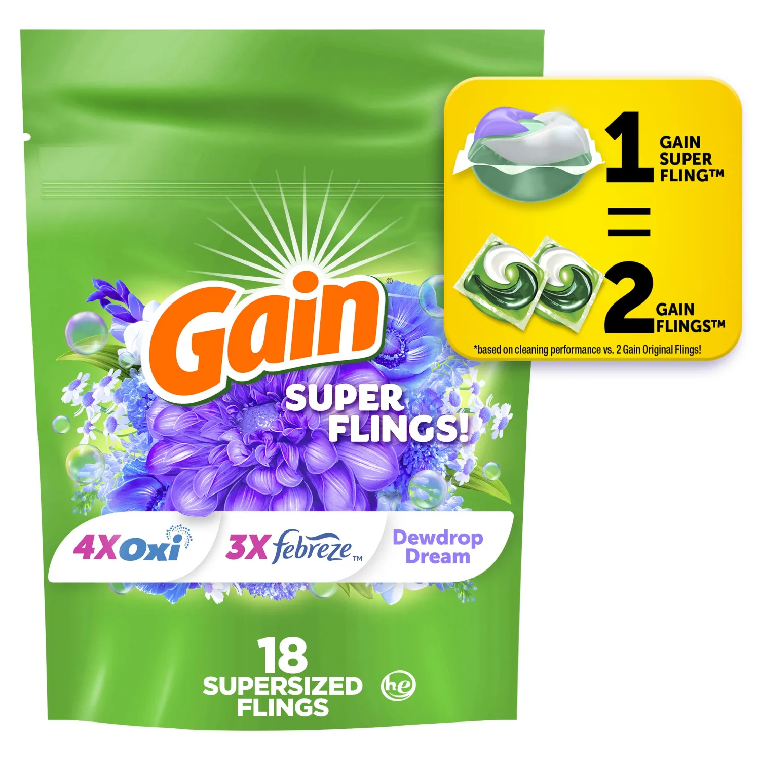 Gain Super Sized Flings Laundry Detergent Pacs, 18 Count, Dewdrop Dream Scent