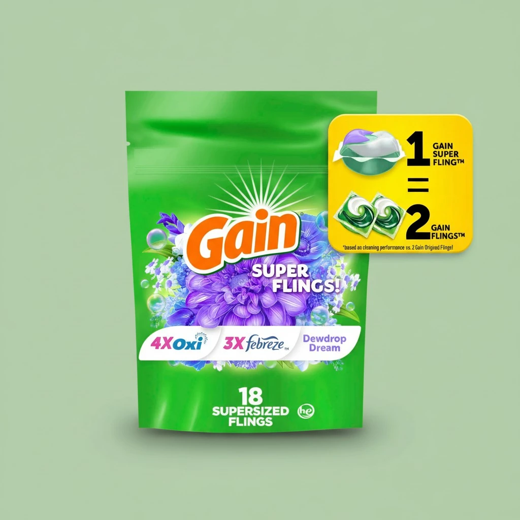 Gain Super Sized Flings Laundry Detergent Pacs, 18 Count, Dewdrop Dream Scent