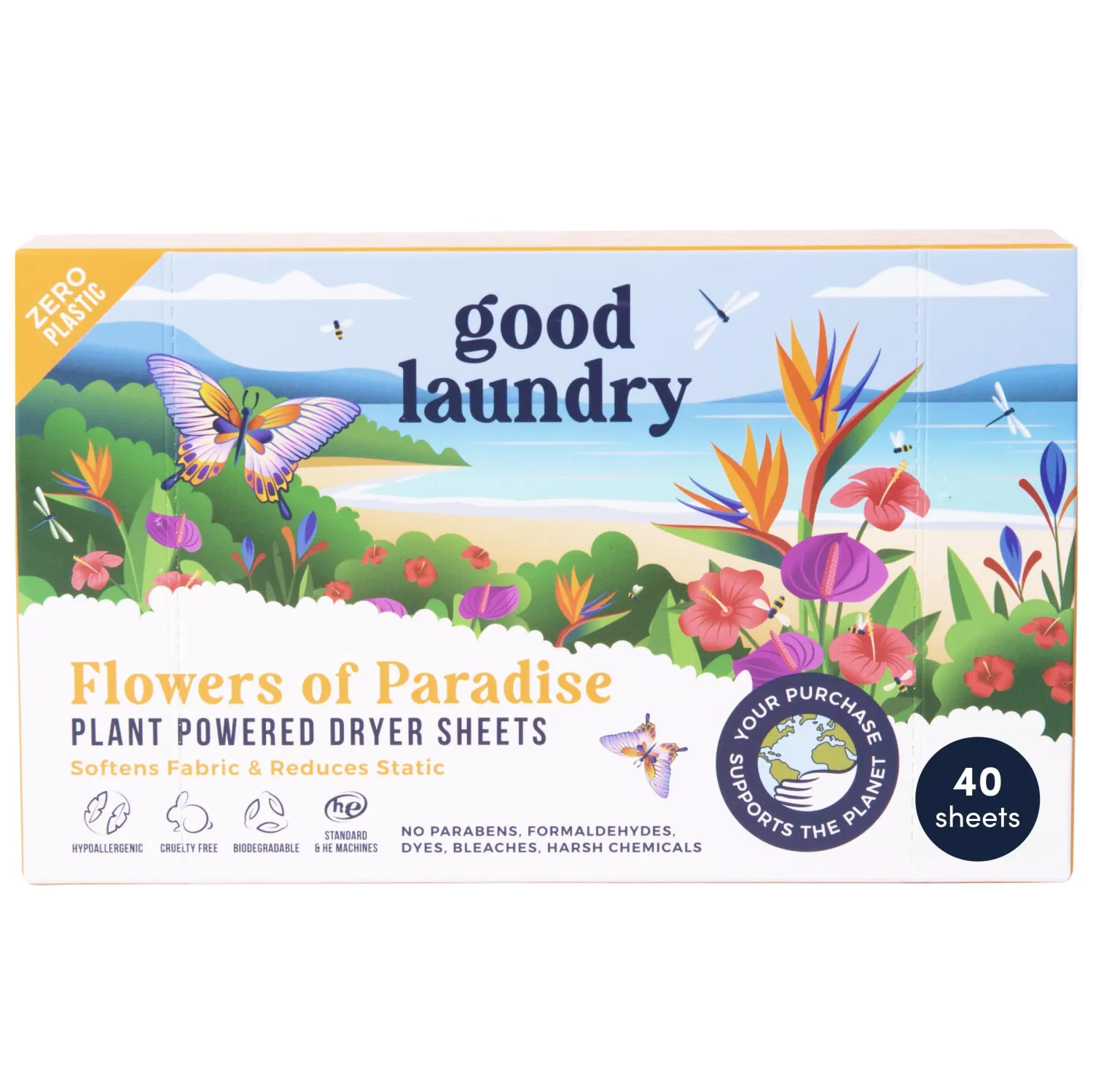 Flowers of Paradise Scented Dryer Sheets, Reduce Static, Infused with Essential Oils, No Harsh Chemicals, Biodegradable, Hypoallergenic, No Plastic - Based in the USA