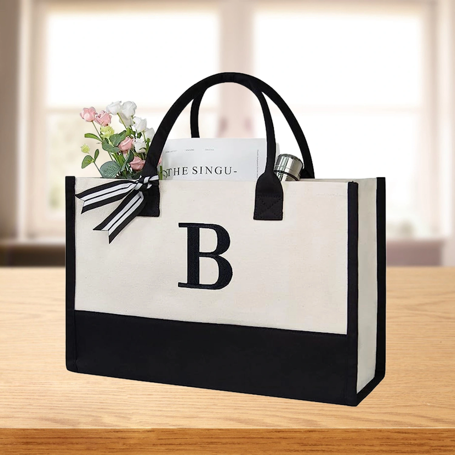 Women Canvas Shoulder Bag Letter Print Large Capacity Tote Bag