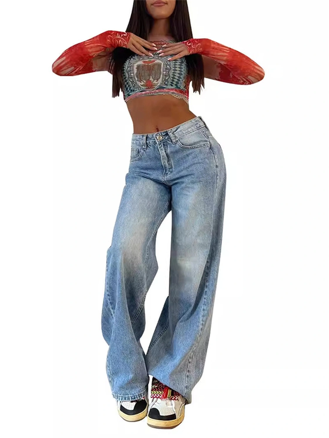 Women’s High Rise Boyfriend Jeans Vintage Wide Leg Loose Denim Pants