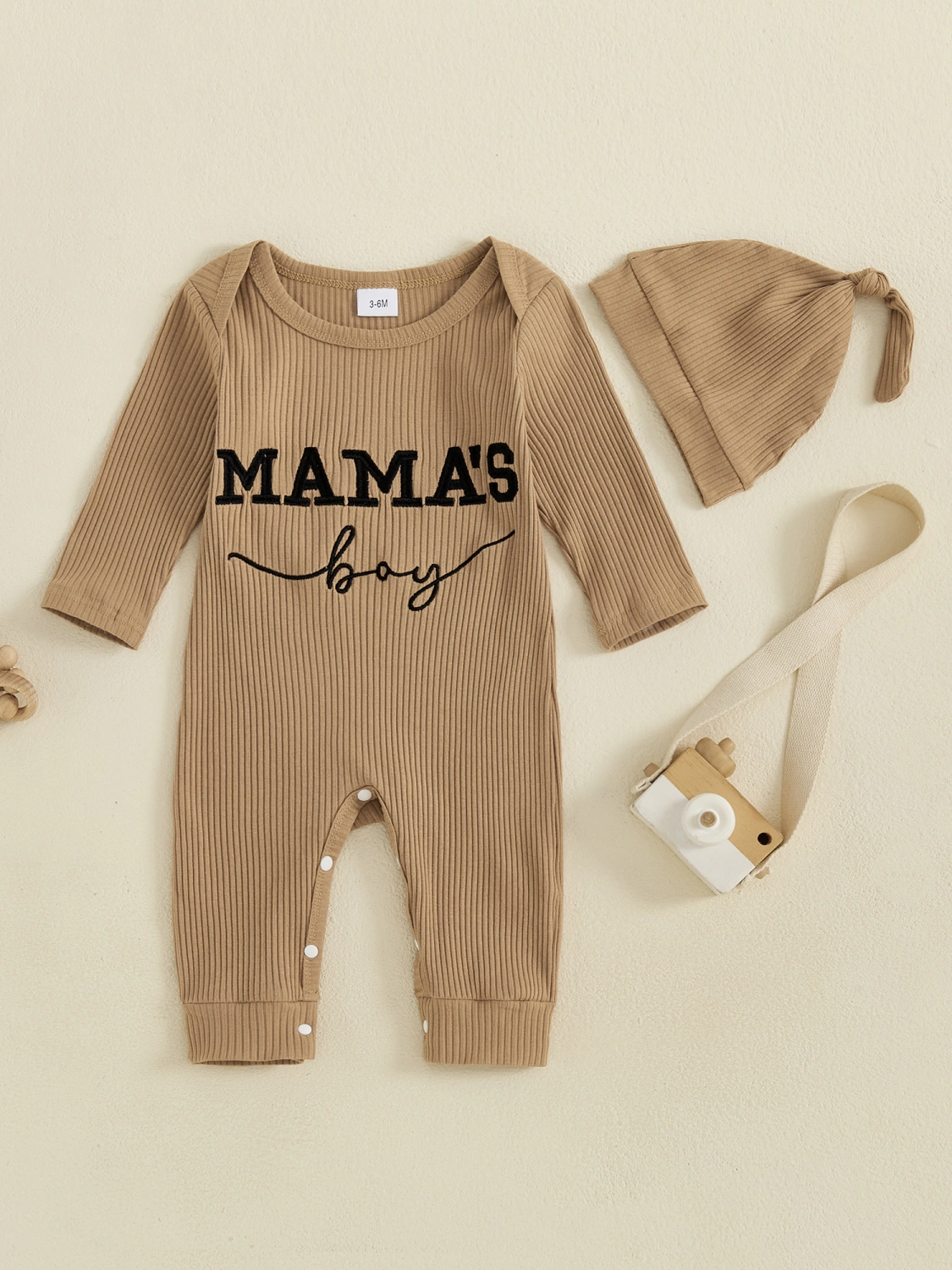 Baby Boy Ribbed Romper Casual Letter Embroidery Jumpsuit and Hat