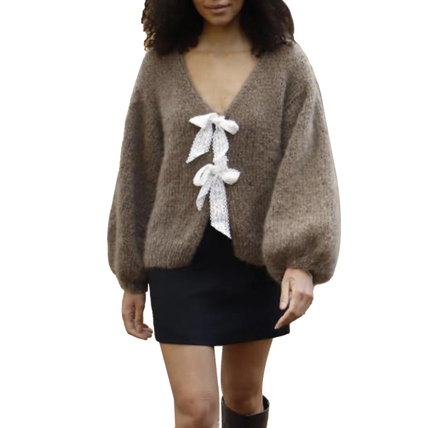 Women Tie Front Sweaters Lightweight Contrast Color Knit Cardigans