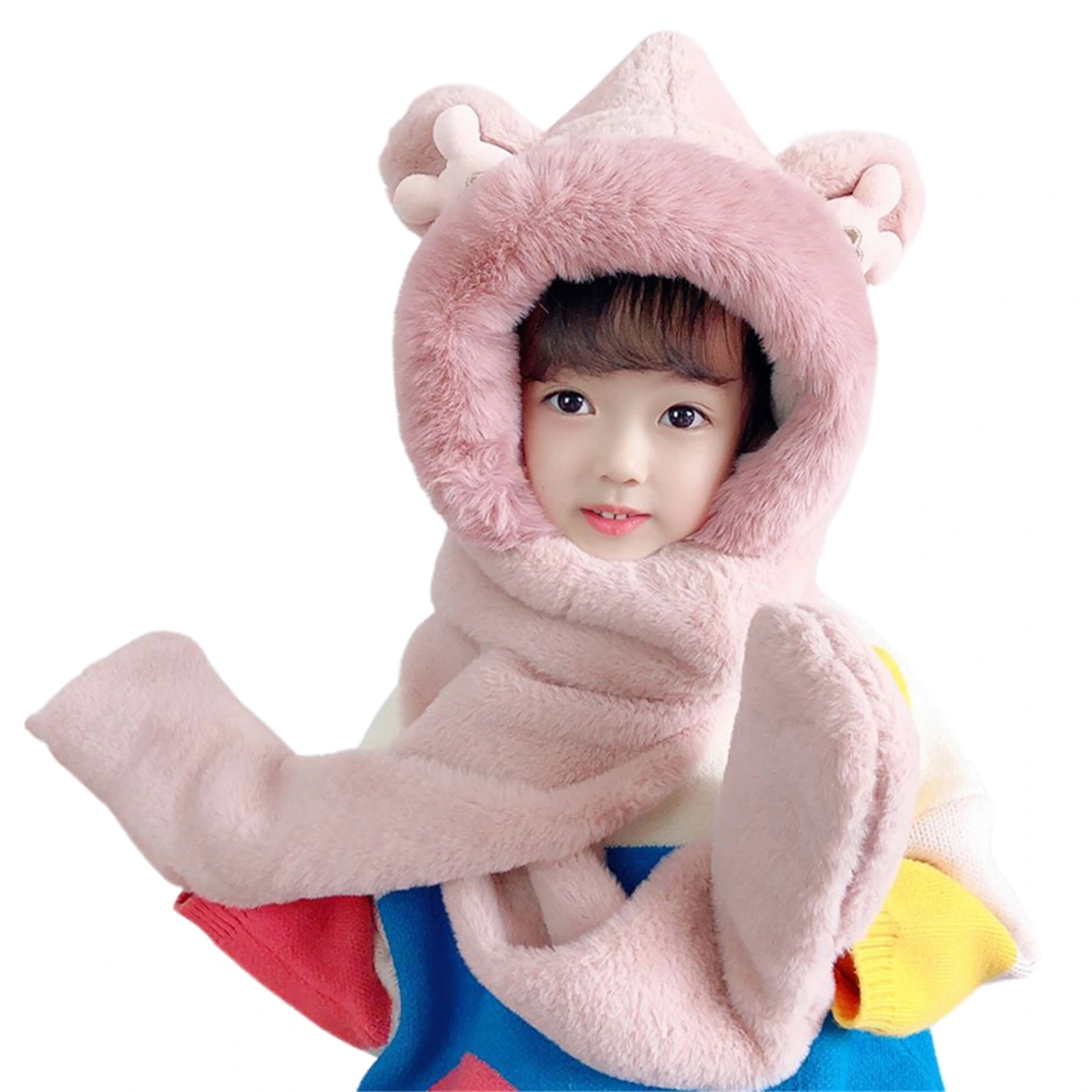 Winter Hooded Hats Scarf Gloves for Kids Girls, 3-in-1 Soft Hat