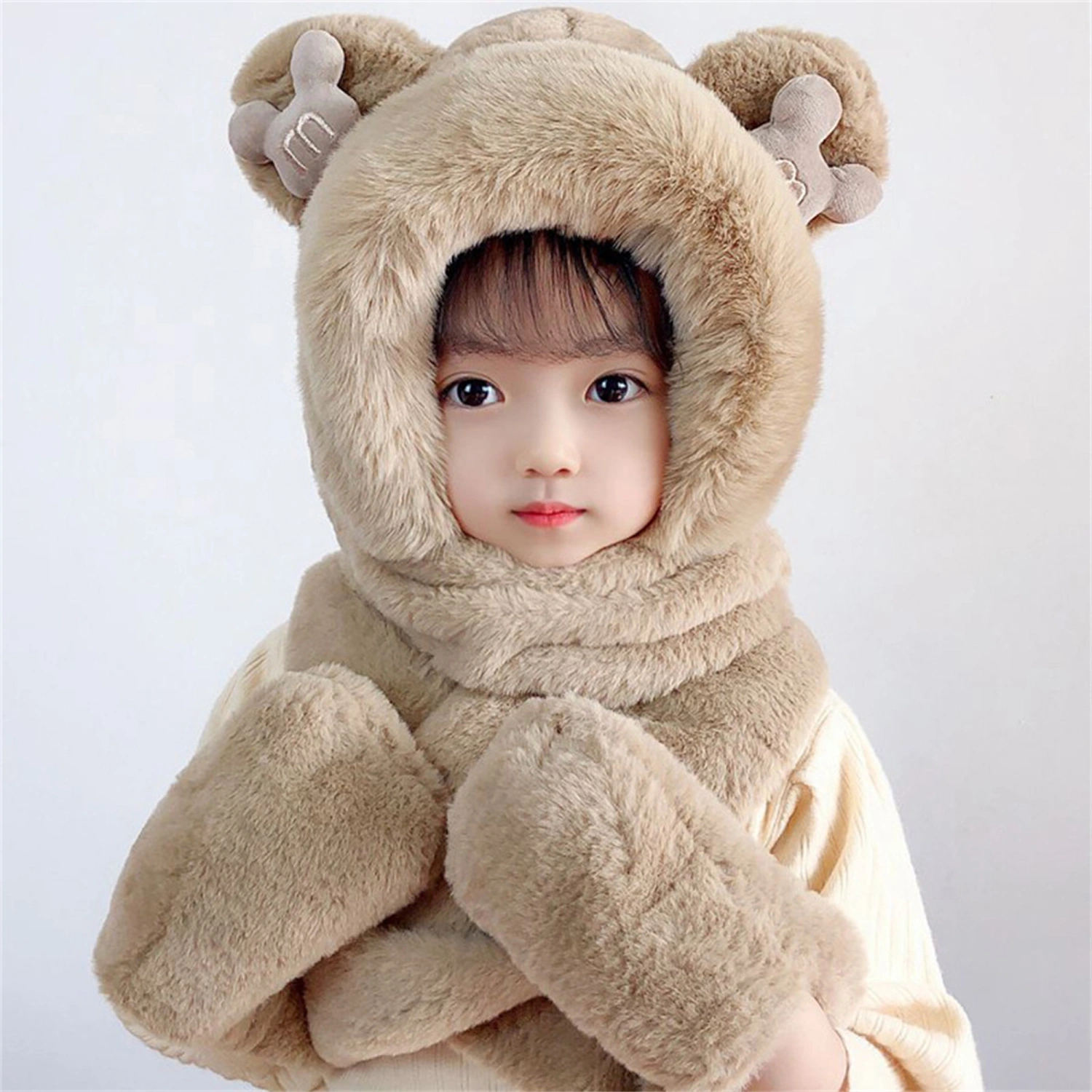 Winter Hooded Hats Scarf Gloves for Kids Girls, 3-in-1 Soft Hat