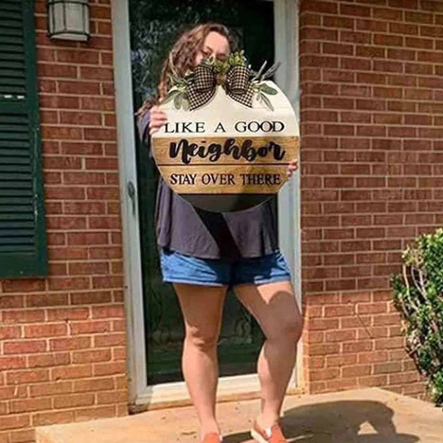 Welcome Sign for Door Like A Good Neighbor Stay Over There Wreath