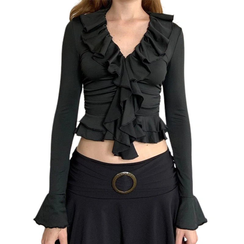 Women Solid Color T-Shirts Ruffled Trim V-NeckFit Crop Tops