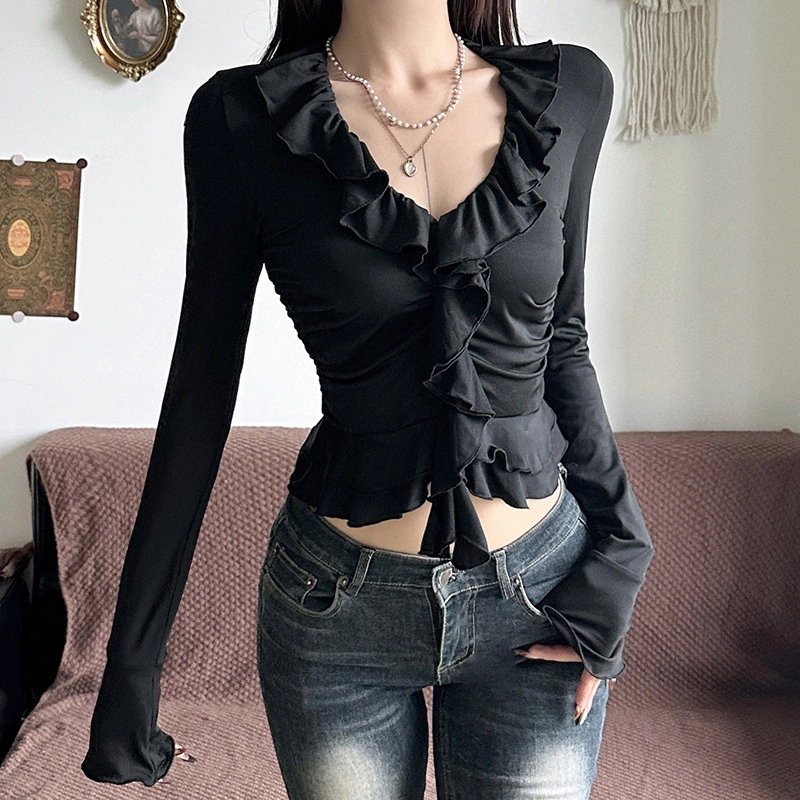 Women Solid Color T-Shirts Ruffled Trim V-NeckFit Crop Tops