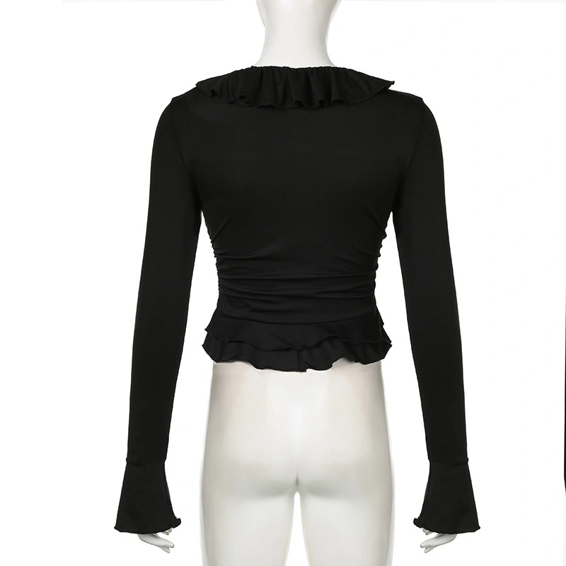 Women Solid Color T-Shirts Ruffled Trim V-NeckFit Crop Tops