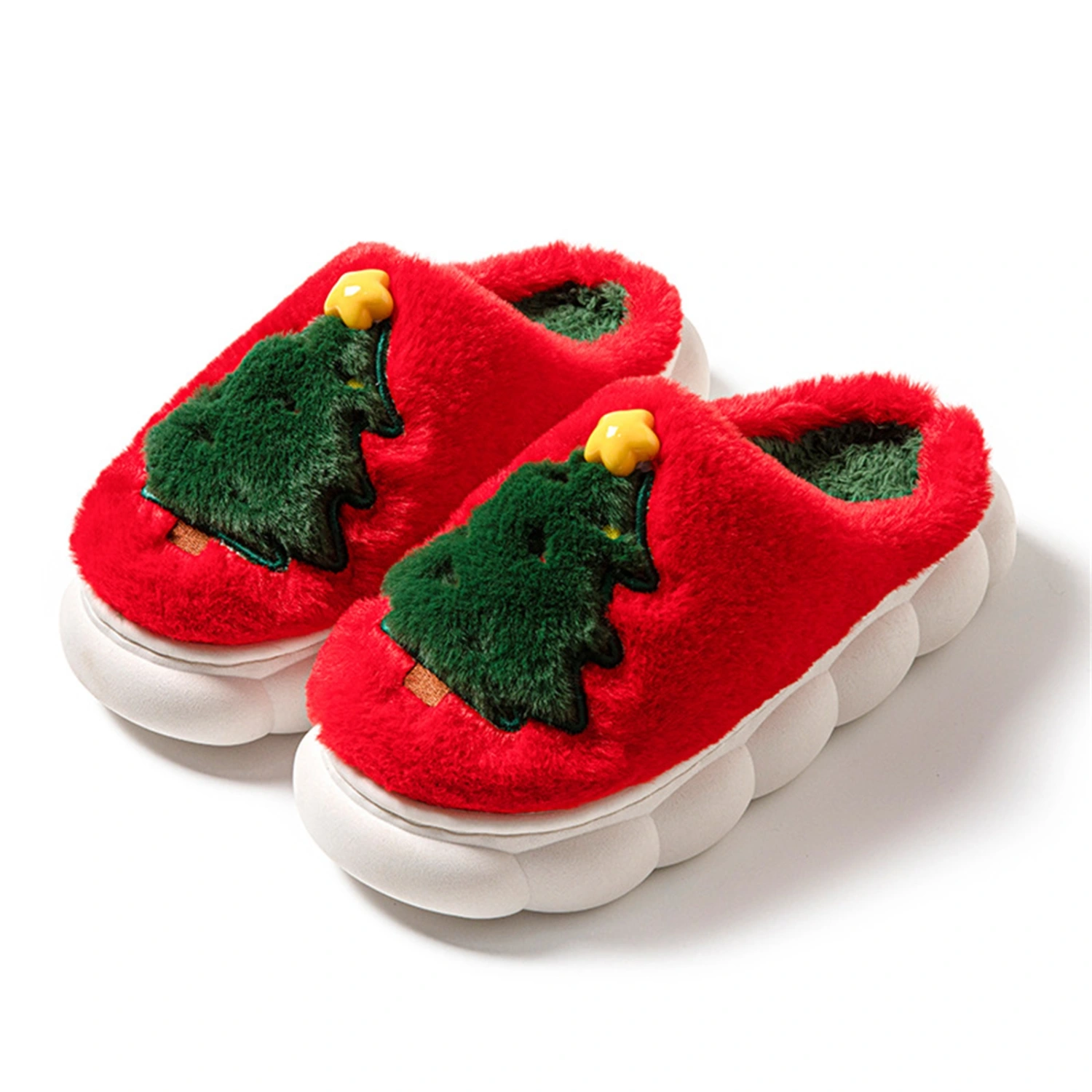 Women Christmas Tree Fuzzy Slippers Soft Bedroom Slippers House Shoes