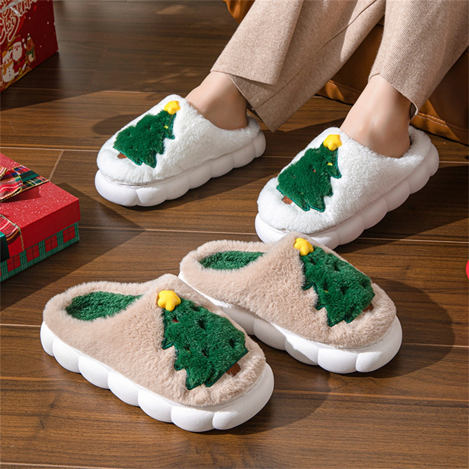 Women Christmas Tree Fuzzy Slippers Soft Bedroom Slippers House Shoes