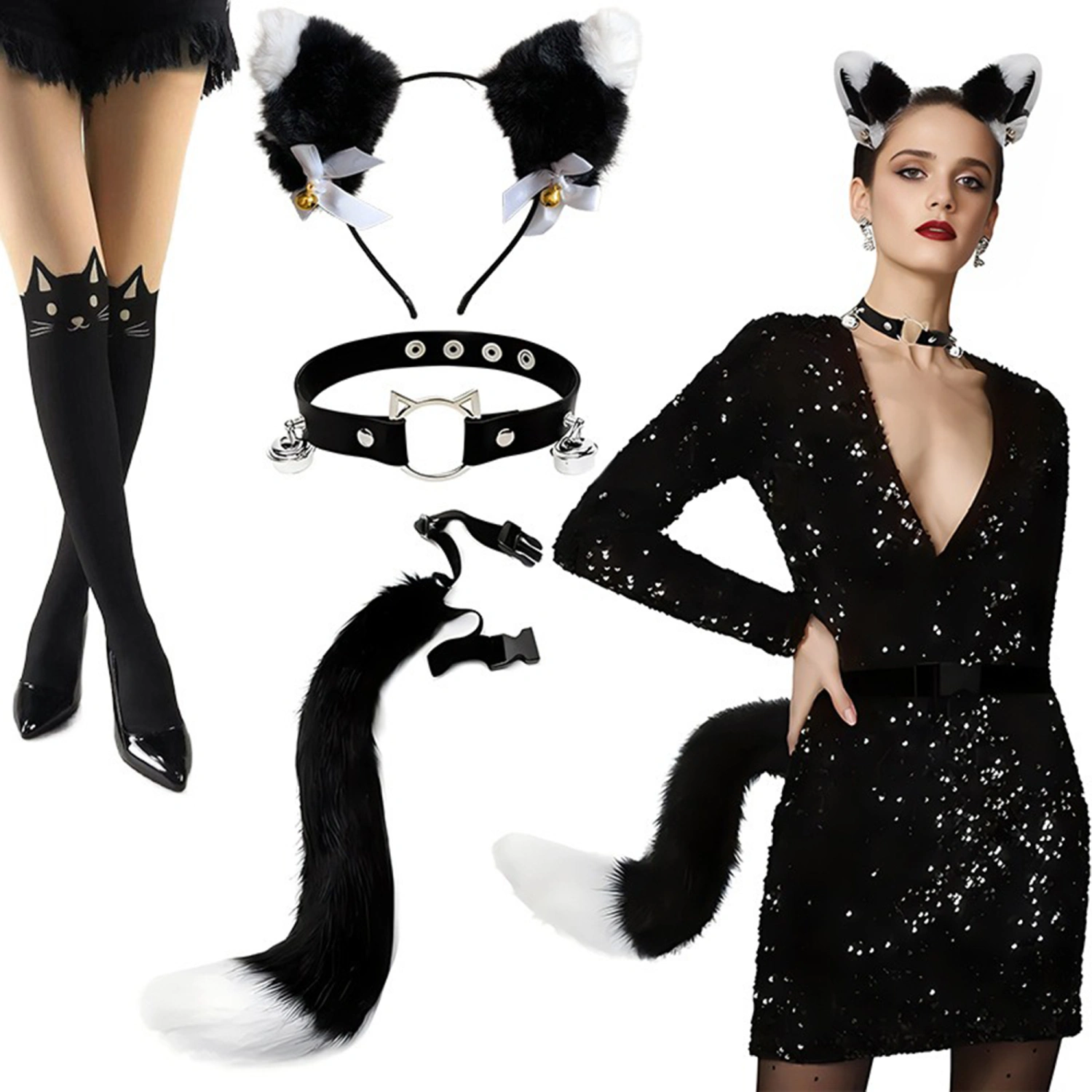 Women Cat Costume Accessories Set Socks Headband Plush Tail Choker