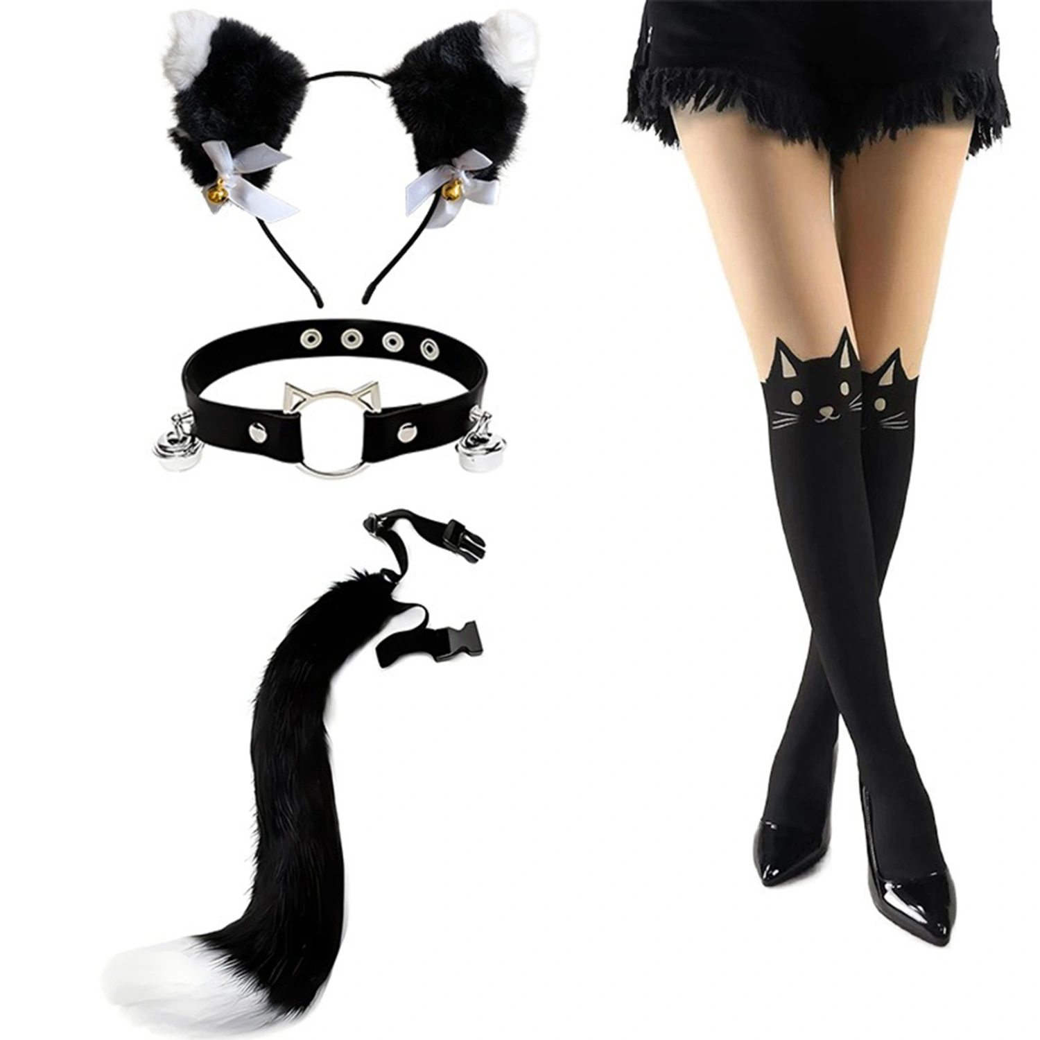 Women Cat Costume Accessories Set Socks Headband Plush Tail Choker