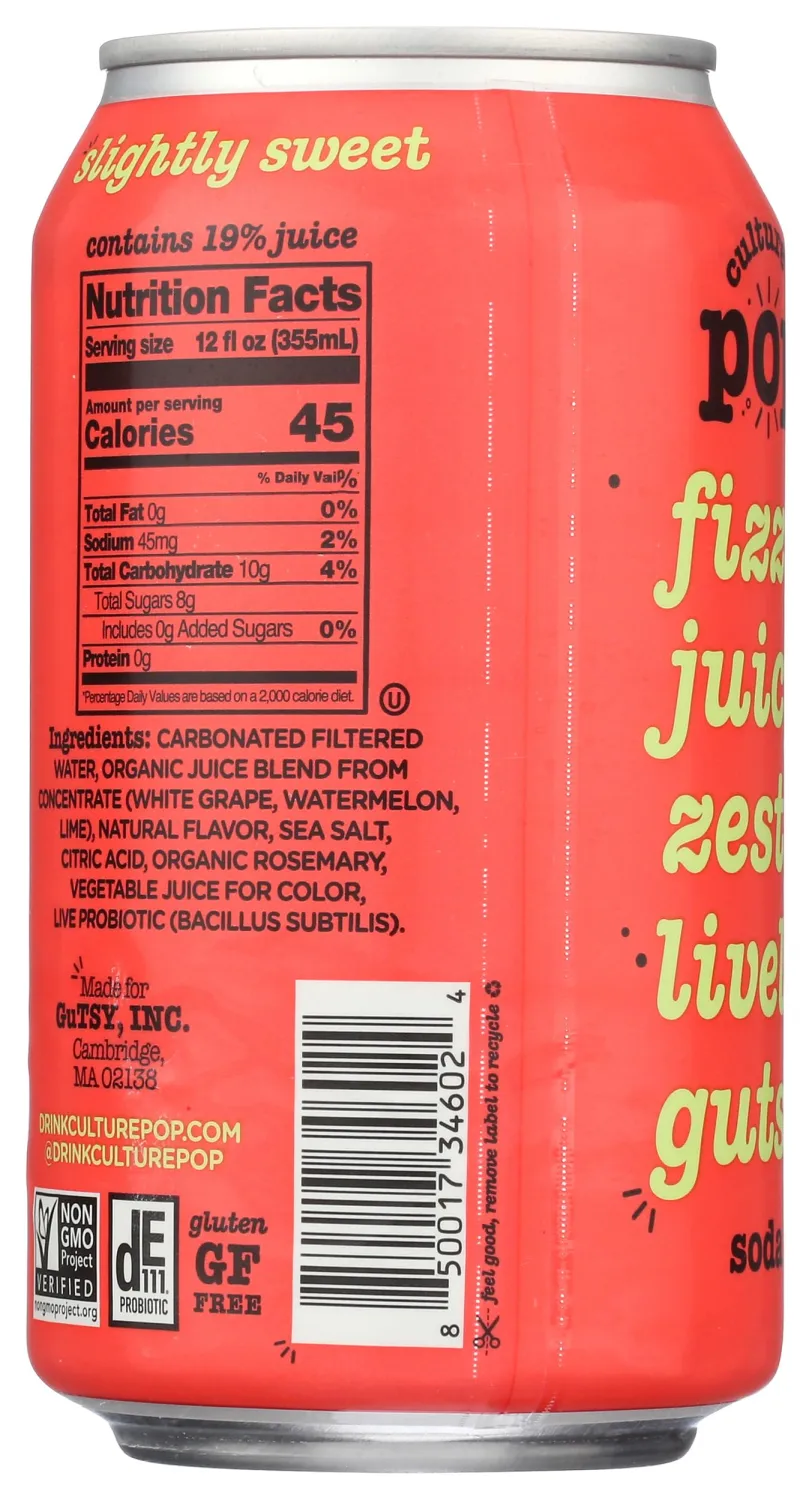Culture Pop Soda Watermelon & Lime Probiotic Soda, 12 FZ