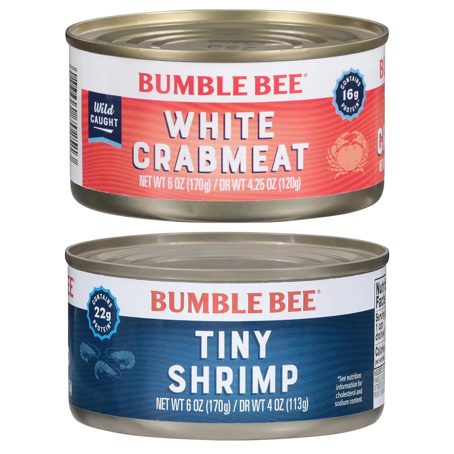 Bumble Bee Specialty Seafood Bundle (2 Total Cans) - White Flake Crabmeat and Tiny Shrimp - 1 6 oz Can Each - Wild Caught, Drain Before Use