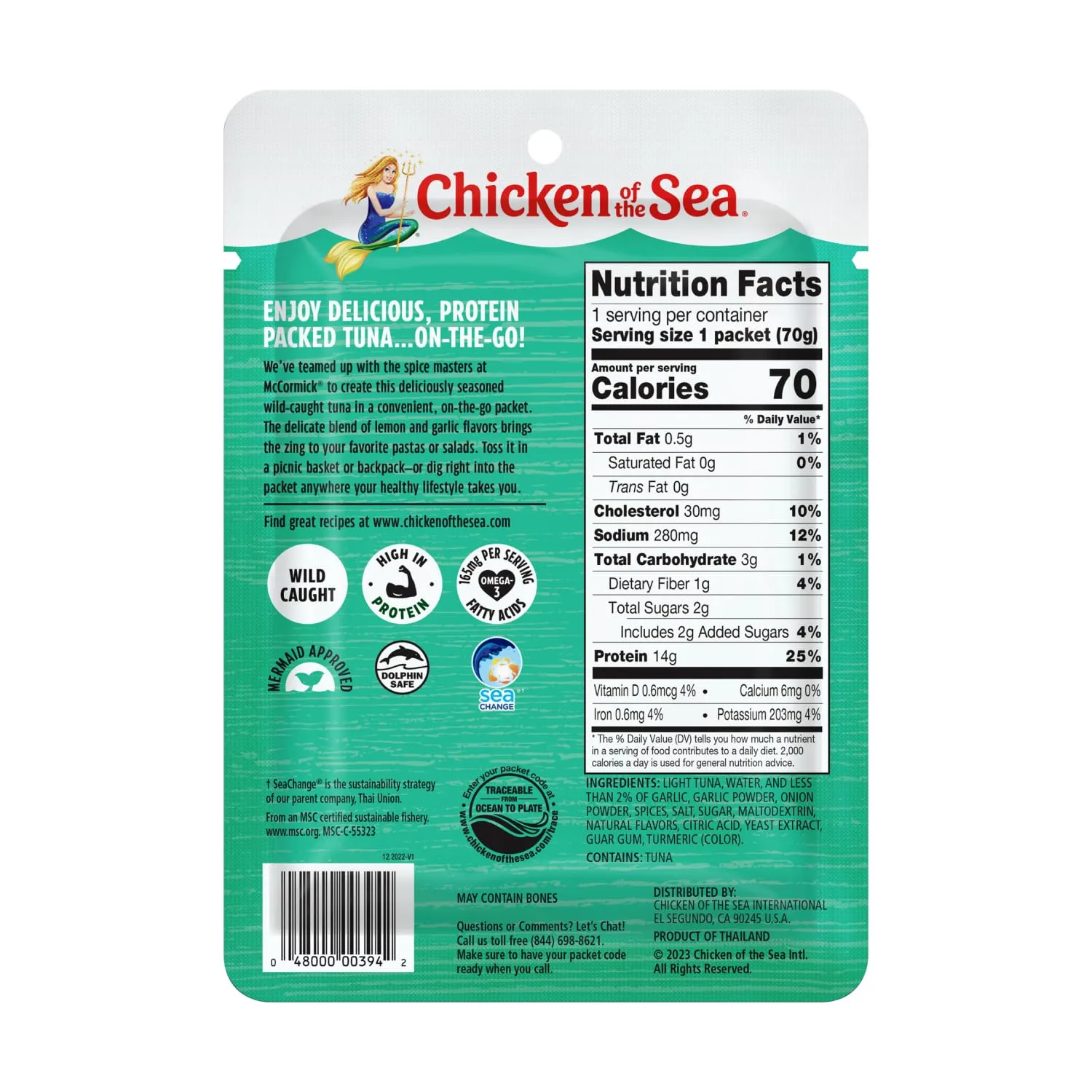 Chicken of the Sea Wild Caught Light Tuna, 2.5 Ounce Packets (Box of 12), Lightly Seasoned Lemon Garlic