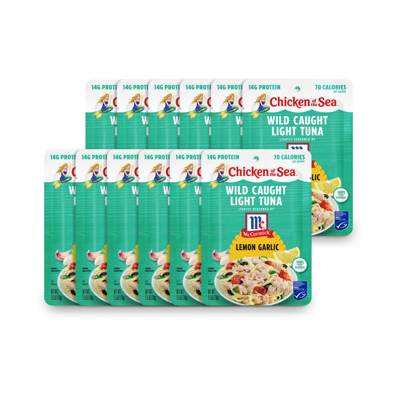 Chicken of the Sea Wild Caught Light Tuna, 2.5 Ounce Packets (Box of 12), Lightly Seasoned Lemon Garlic