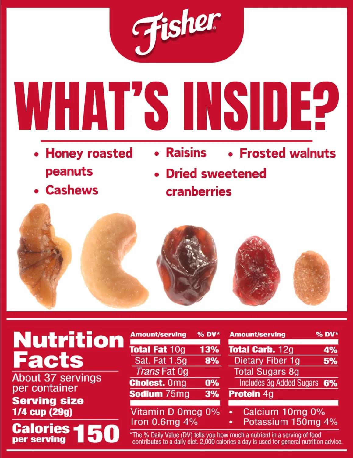 Fisher Snack Sweet Nut Trail Mix, 38 Ounces, Honey Roasted Peanuts, Raisins, Frosted Walnuts, Cashews, Dried Sweetened Cranberries